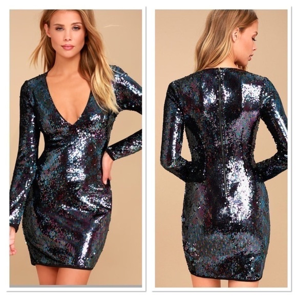Lulus Lookin' Slick Black Multi Sequin Long Sleeve Bodycon Dress - Picture 1 of 9